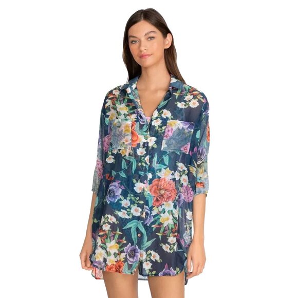 Johnny Was Sunrise Surf Swim Resort Cover Up Long Dress V Neck Flower Blue NEW - Picture 10 of 10